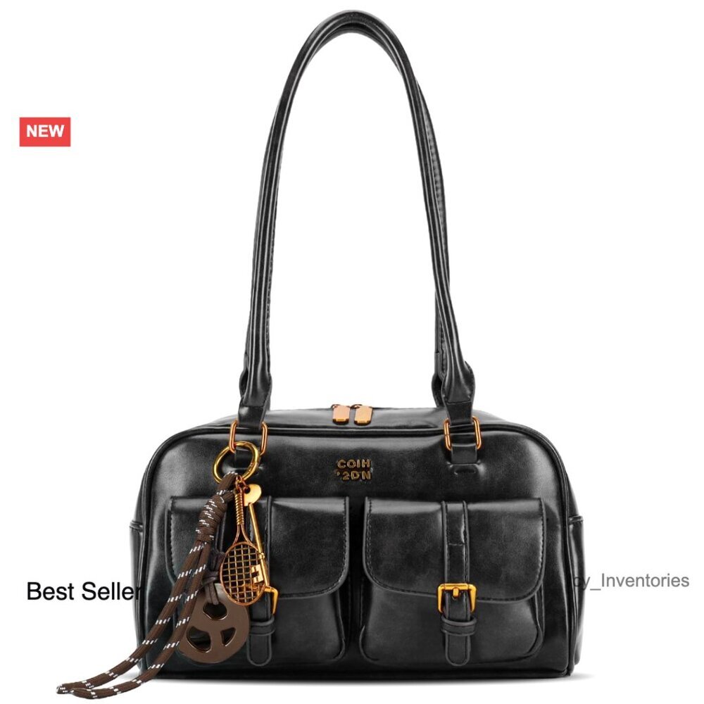 Retro Y2K Shoulder Bag Top Handle Multiple Pockets Soft PU Leather Handbag